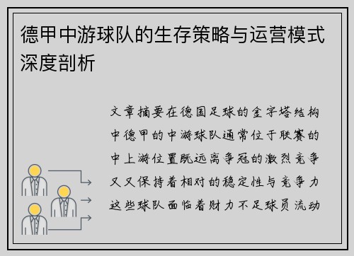 德甲中游球队的生存策略与运营模式深度剖析
